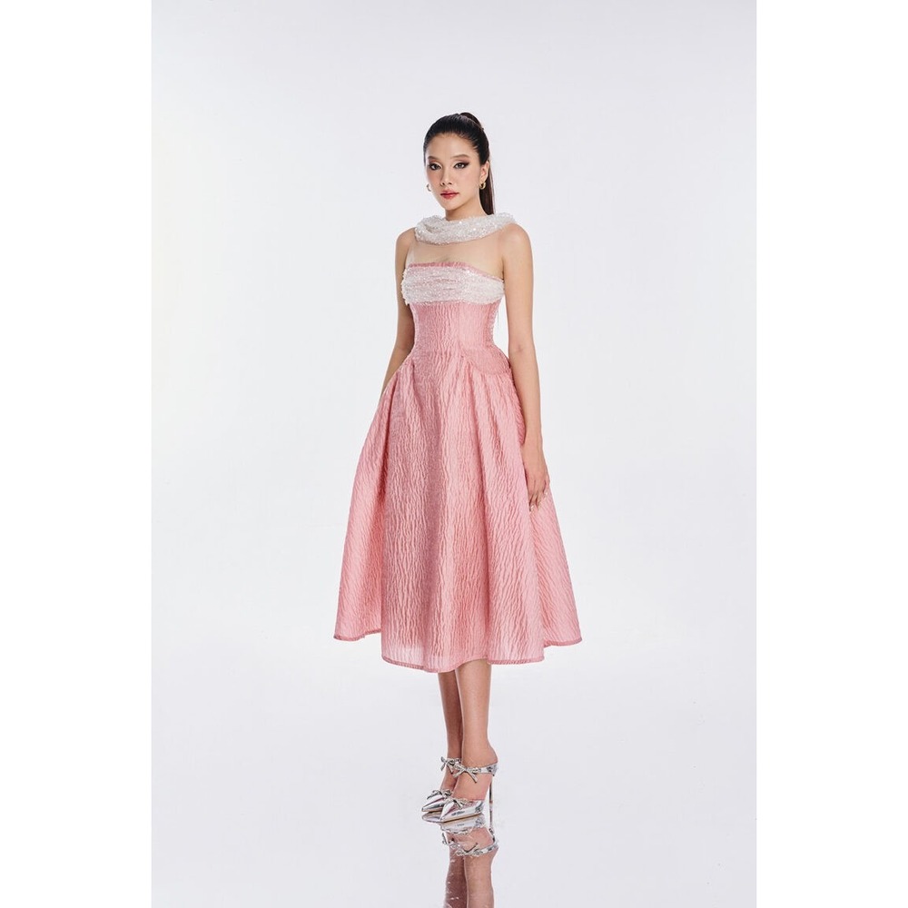 Linh Phung Eira Dress Womens M Pink New Pearl Sequin Mesh Formal Pockets